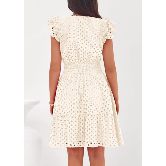 Women's Beige V Neck Eyelet Cap Sleeve Summer Beach Vacation Sundresseses - Picture 4 of 8